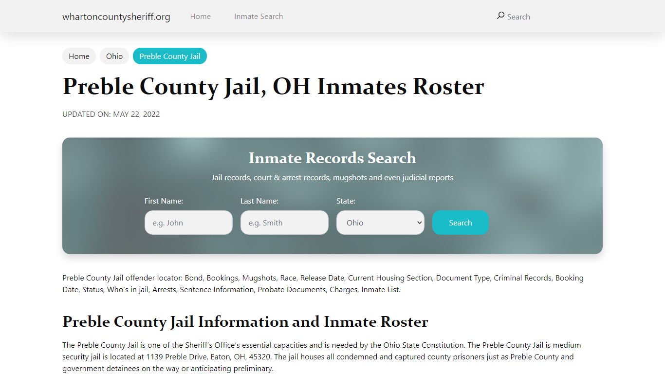 Preble County Jail, OH Jail Roster, Name Search